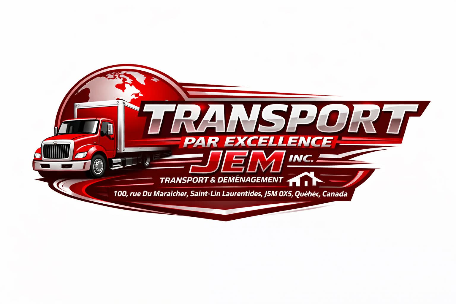 Logo Transport par excellence JEM inc., camion rouge et globe